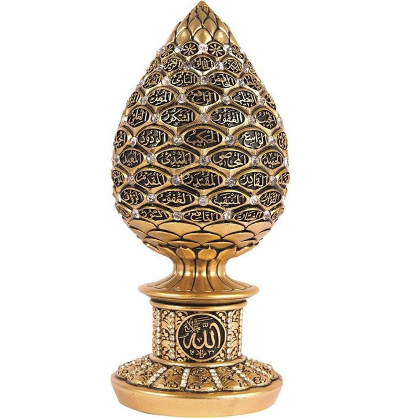 Gunes Table Decor Gold Egg Sculpture Figure Arabic 99 Names of Allah ESMA Asma al Husna (Gold, 7.5in) - Image 1